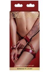 Thigh Cuffs with Handcuffs and Carabiners - Taboom Wrist To Thigh Cuff Set, red with gold hardware