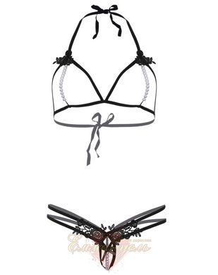 Lingerie set - Leg Avenue Open cup bra and pearl panty OS Black