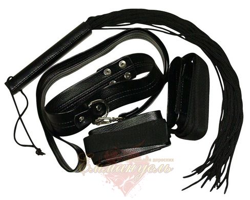 Набор БДСМ - 2490498 Bondage Set - black, наручники, ошейник с поводком, плетка