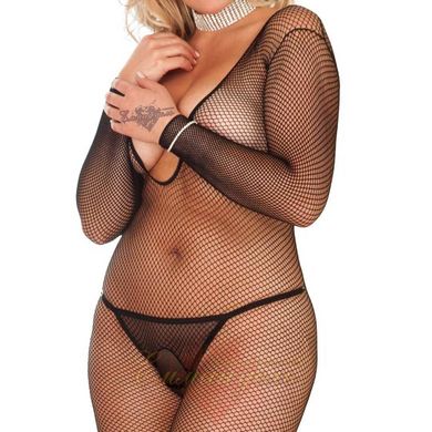 Jumpsuit with access - Deep-V Long Sleeve Fishnet Bodystocking, XL / 2XL