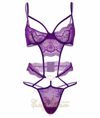 Openwork bodysuit - Heart Lace Teddy with Jewel S/M, with decorative straps, purple