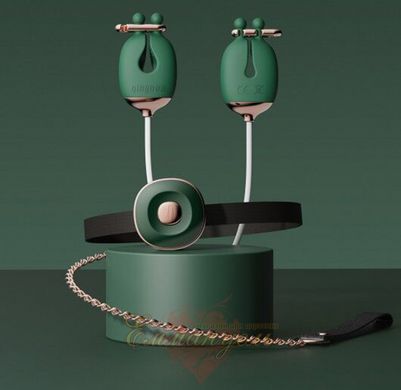 Set of vibrating nipple clamps and collar with leash - Qingnan No.2, green