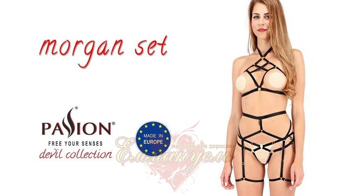 Комплект білизни - MORGAN SET OpenBra black S/M - Passion Exclusive: Стрепи: трусики, ліф, пояс