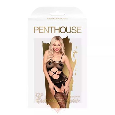 Бодістокінг з вирізом на животику Penthouse Hot Nightfall чорний XL &ndash; еротичний комбінезон-сітка з поясом і чулками SO5268 фото