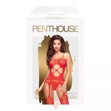 Бодистокинг с вырезом на животе Penthouse Hot Nightfall красный S/L &ndash; эротический комбинезон-сетка с поясом и чулками SO4395 фото
