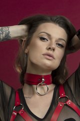 Wide choker with leash ring - Feral Feelings - Collar red, genuine leather