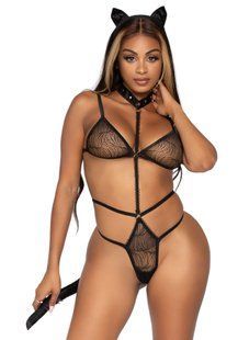 Эротический костюм кошки Leg Avenue roleplay sex kitten one size black, боди, ушки, чокер SO8601 фото