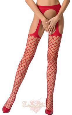 Fishnet stockings - Passion S011 One Size, Red, imitation garters, open access