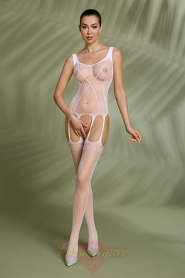 Bodystocking - Passion ECO BS007 white, with access, silhouette pattern, imitation garters