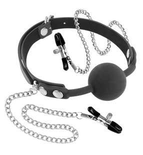 Кляп с силиконовым шариком и зажимами для сосков - Fetish Tentation Gag Ball with Nipple Clamps