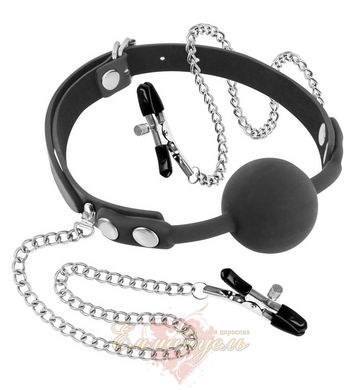 Gag with silicone ball and nipple clamps - Fetish Tentation Gag Ball with Nipple Clamps