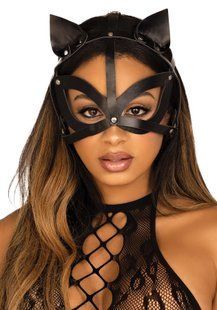 Маска кошки из экокожи Leg Avenue vegan leather studded cat mask black SO8573 фото