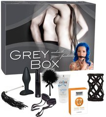 Sex set - Grey Box, gag, feather, handcuffs, whip, vibrio, stopper, nozzle, lubricant, condoms