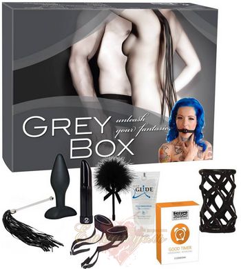 Секс набор - Grey Box, кляп, перышко, наручники, плетка, вибрик, пробка, насадка, лубрикант, презервативы