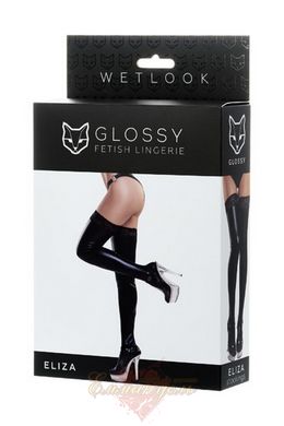 Stockings - Glossy Wetlook with Lace Insert, Black - S