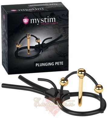 Penis Bondage - Mystim Plunging Pete, gold plated, with two balls and short urethral probe