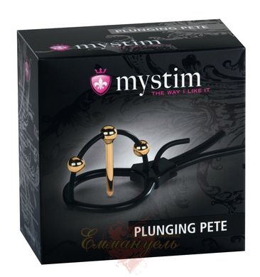 Утяжка для пениса - Mystim Plunging Pete, позолоченная, с двумя шариками и коротким уретральным зондом