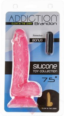 Glow in the dark dildo - ADDICTION - BRANDON - 7.5 '- PINK G.I.D. / W PB, 19 cm, silicone, vibro bullet as a gift