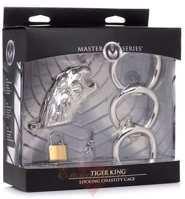 Клітка для пеніса - Master Series: Tiger King Cock Cage With Lock, три кільця, замок, три ключі