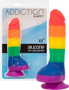 Радужный фаллоимитатор - ADDICTION - JUSTIN - 8" - RAINBOW, 20,3 см, силикон, вибропуля в подарок