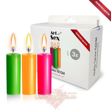 Набор восковых свечей низкотемпературные, люминисцентные - Art of Sex size S 10 см (3 шт)