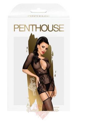 Bodystocking - Penthouse High stakes S/L Black, mini dress, floral decor, plunging neckline, stockings